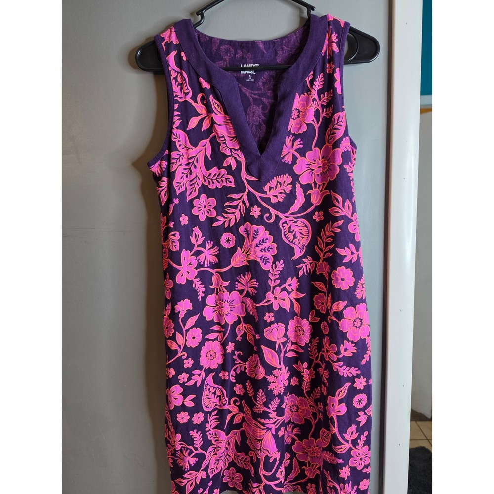 Lands End Womens Small 6-8 Purple Pink Floral Sleeveless Split Neck Shift Dress